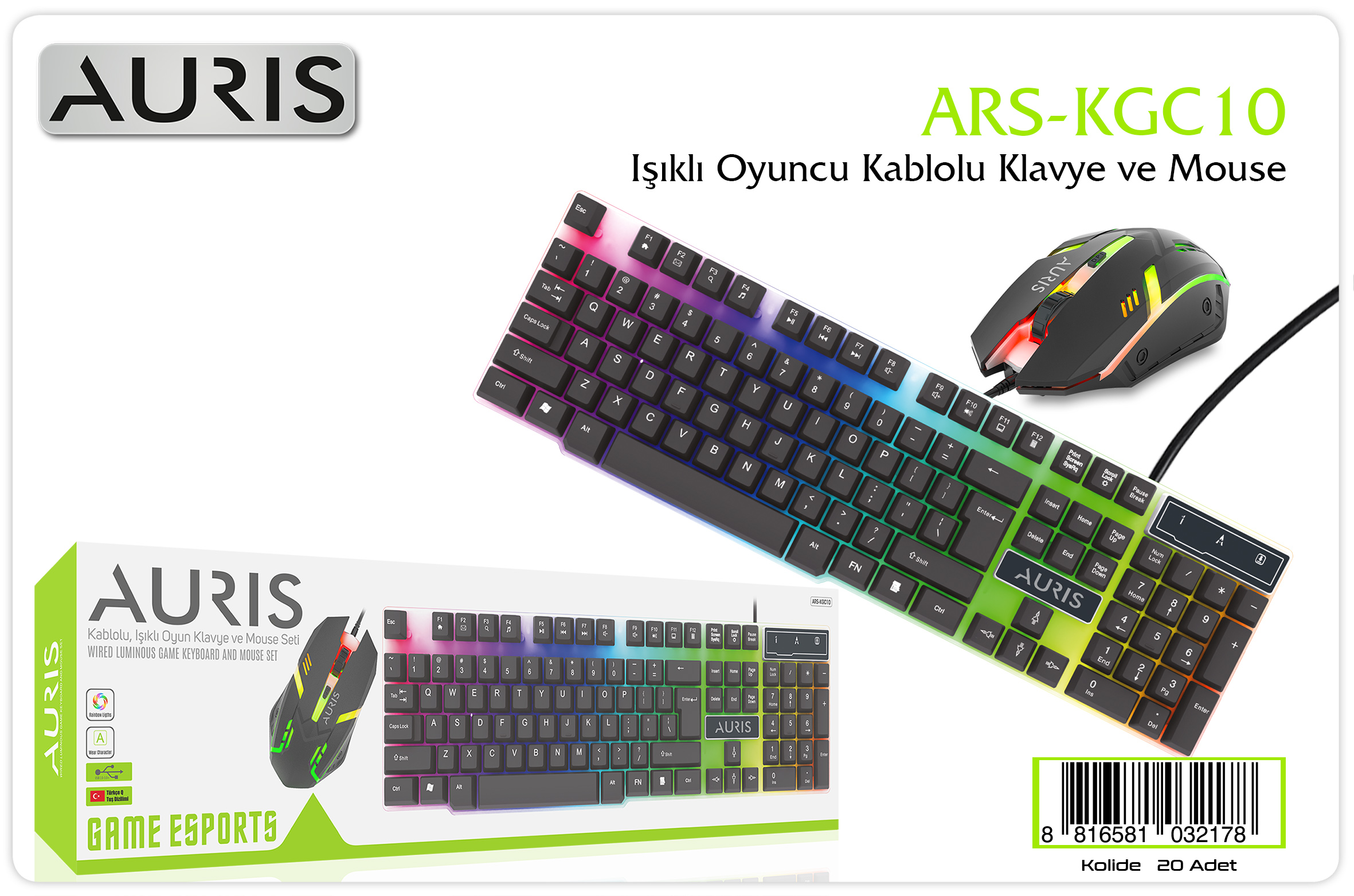 M2405-Auris KGC10 Işıklı Oyuncu Kablolu Klavye+Mouse Set
